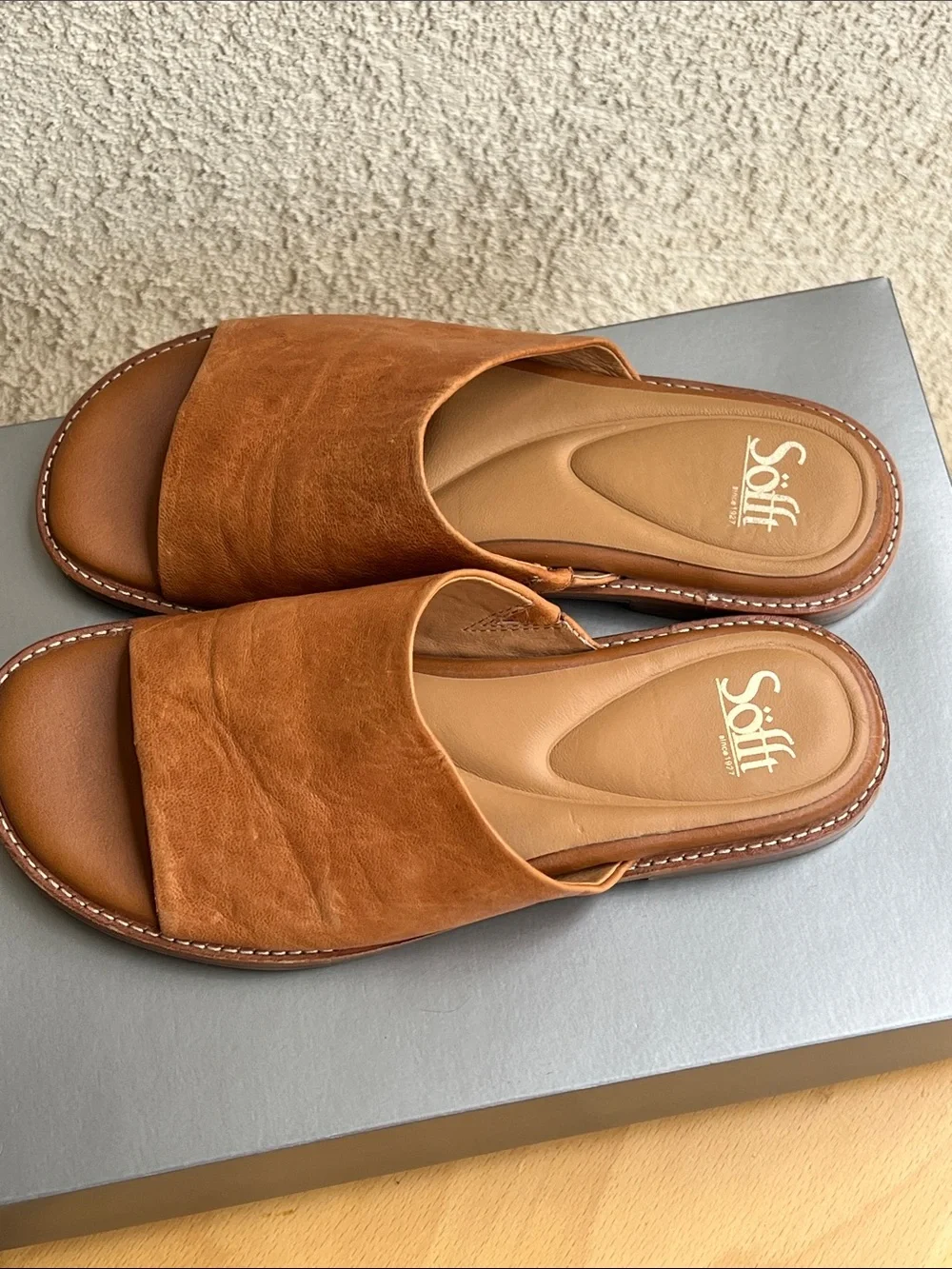 Sofft Tan Leather Slide Sandals